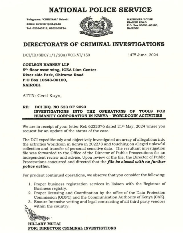 Official statement from the Directorate of Criminal Investigations (DCI). Source: Worldcoin